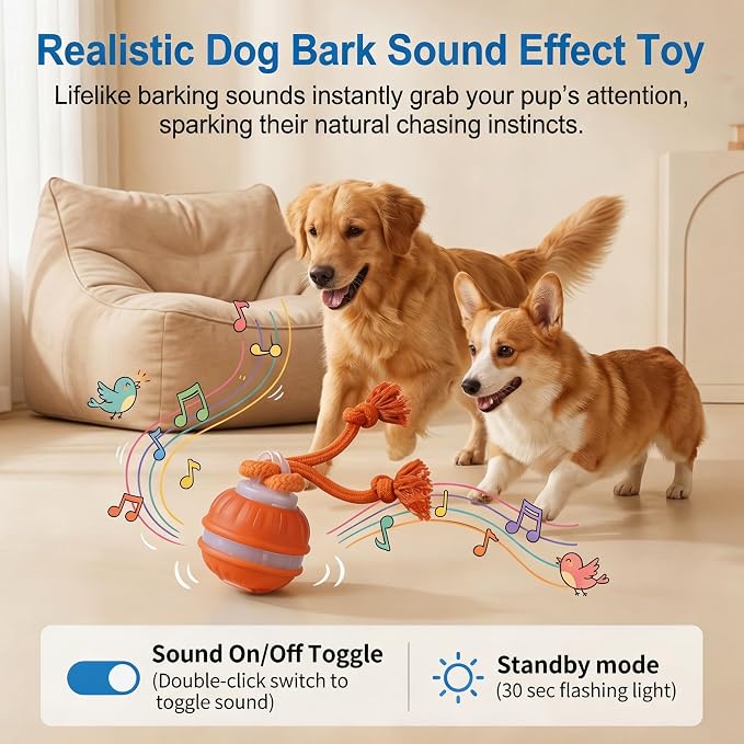 Interactive Dog Toys Automatic Rolling Ball with Rope Orange