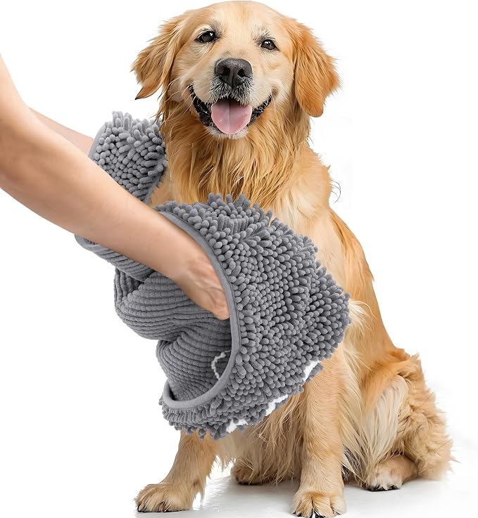 Smiry Chenille Dog Drying Towel, Extra Absorbent Bath Towel for Mud Dogs, Ultra Soft Quick Dry Pet Wash Mitt for Bathing, Grooming and Post-Walk Cleaning (31x13 Inches, Grey)