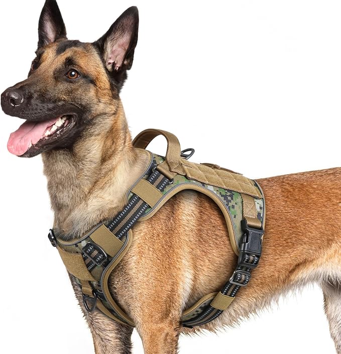 rabbitgoo Tactical Dog Harness for Large Dogs, No Pull Service Pet Vest | Military Molle System & Easy Control Handle, Adjustable and Reflective for Walking and Training, Brown Camo, Large