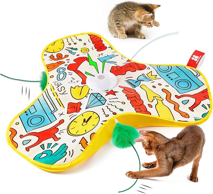 Potaroma Interactive Cat Feather Toys, Hide and Seek Moving Feather Wand | Rechargeable Touch Activated Indoor Kitten Exercise Kicker, Mouse Squeaky, Graffiti Cover