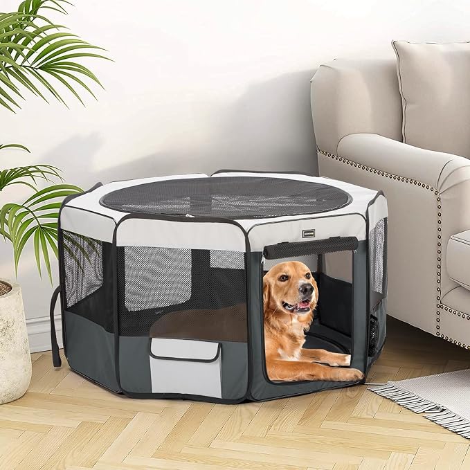 DONORO Dog Playpen Portable Pet Play Pens for Small Dog/Cat/Rabbit/Chicks, Cat Playpen Indoor/Outdoor with Carring Case, Removable Zipper Top and Bottom (Gray, Extra Large (55"x55"x30"), 8)