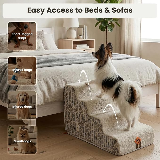 Laifug Pet Dog Stairs for Small Dogs 16.5" H, 2 in 1 Transformable 3-Step Pet Stairs and Dog Ramp for Couch (13-20 in), Beige Adjustable Pet Steps with Non-Slip Waterproof Cover