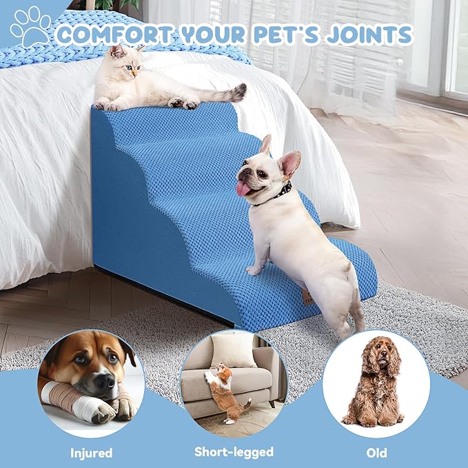 Zerbuger Dog Ramp and Stair for Bed 16" H-20 H,3-Step Cat Stair for Sofa and Chair,4-Step Dog Ramp for High Bed and Window,Durable Nonslip Fabric Cover for Indoor (Blue-20“H, Pet Friendly, 4)