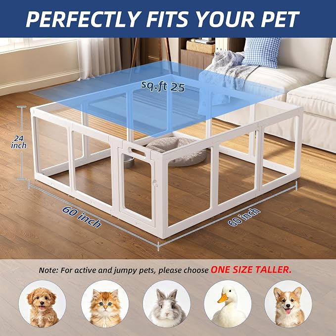 Clear Acrylic Dog Playpen Indoor, Puppy Cat Small Pet Play Pen, Pet Cat Playpen for Rabbits, Dog Fence Crate Kennel Whelping Cage (White, 12 Panel)