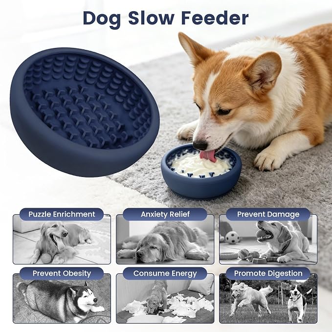 Dog Licking Bowl,Slow Feeder Dog Freeze Bowl, Anxiety Relief Treat Dispenser, Silicone Anti-chocking Pet Dish, Non-Slip Interactive Entertainment Puzzle Toy for Small & Medium-Dark Blue
