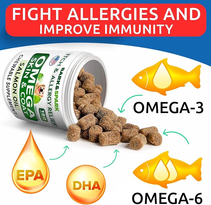 Omega 3 for Dogs and Cats - 180 Fish Oil Treats for Dog Shedding, Skin Allergy, Itch Relief, Hot Spots Treatment - Joint Health - Skin and Coat Supplement - EPA & DHA Fatty Acids - Salmon Oil - Bacon