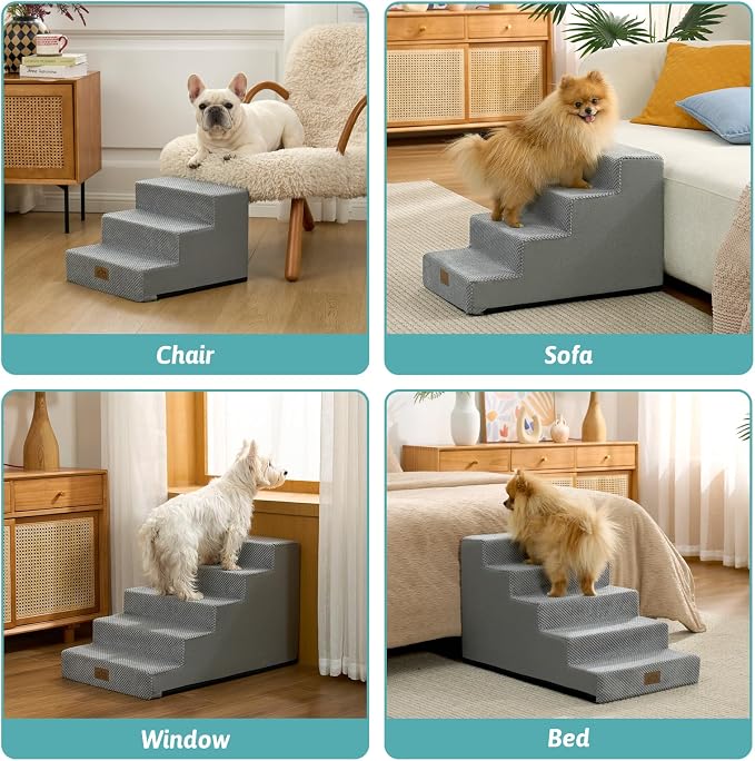 COZY KISS Dog Stairs for Small Dogs, 3 Step Pet Stairs for Beds & Couches | 11.7" H Non-Slip Dog Steps for Bed & Sofa, Gentle Incline for Puppies, Senior Cats, and Small Dogs, 15.7x17.7x11.7 in, Grey