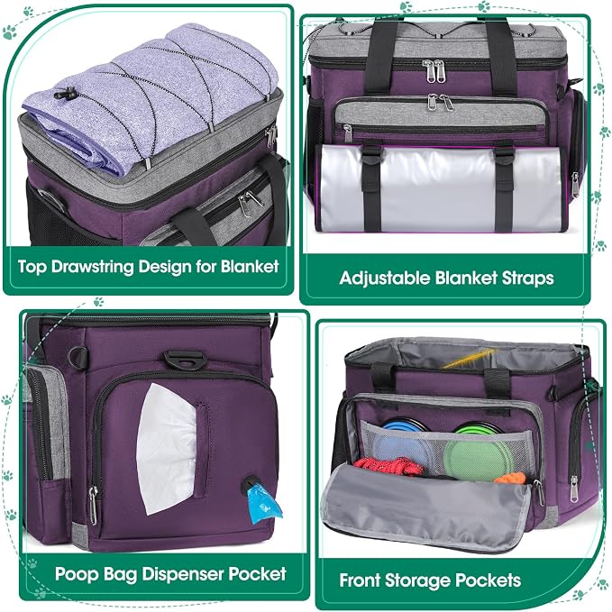 IGOLUMON Dog Travel Bag Set with 2 Food Containers, 2 Bowls, 1 Feeding Mat, Purple