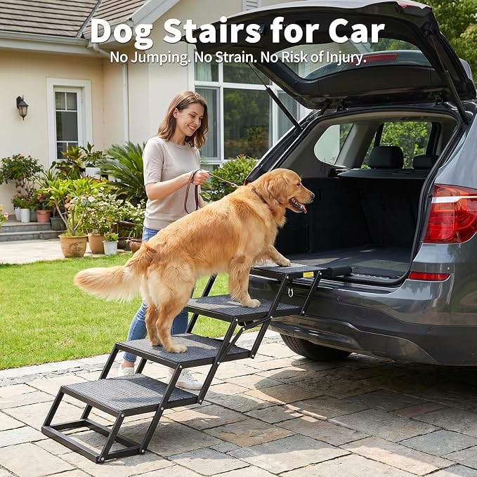 4-Step Dog Stairs for Car, 17” Wide Adjustable Pet Steps for SUV & Truck, Foldable Dog Ramp Ladder for Small, Medium & Large Dogs