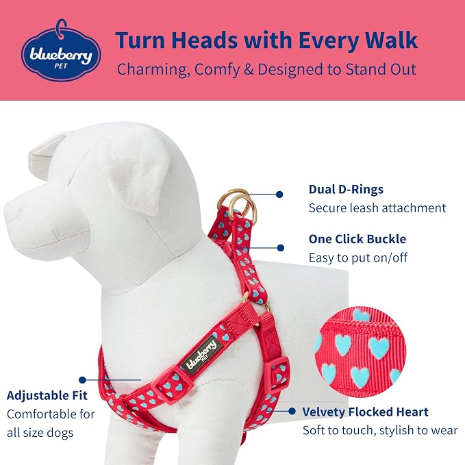 Blueberry Pet Step-in Dog Harness Velvety Heart Flocking Valentine’s Day Adjustable Harnesses for Small Dogs, Lust Red, Chest Girth 16.5" - 21.5"