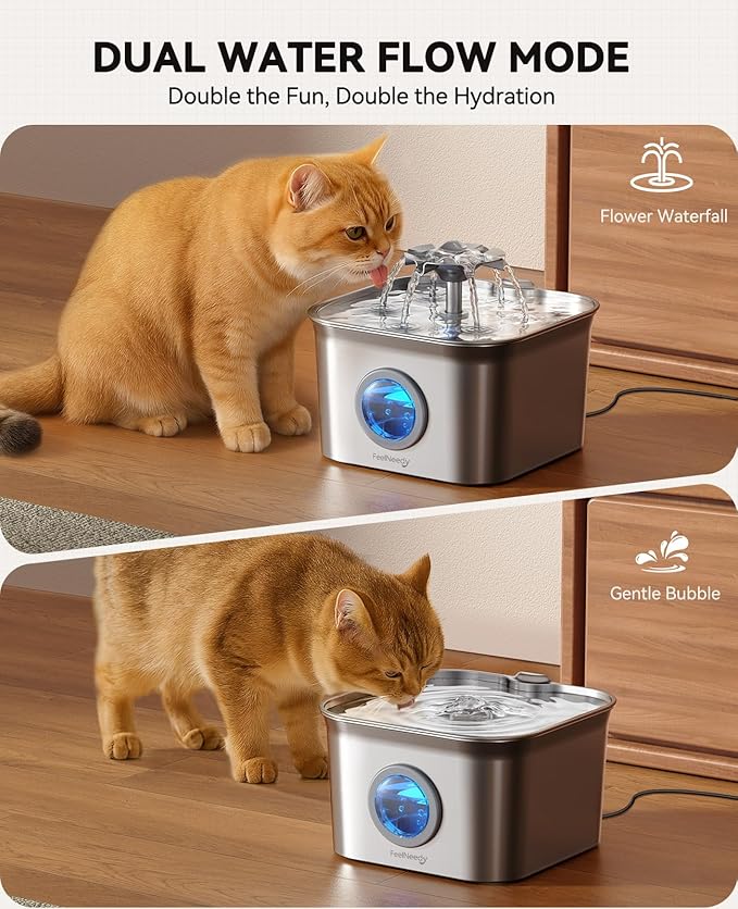 Stainless Steel Cat Water Fountain, 99oz/2.8L Auto Pet Drinking Fountain with 20dB Ultra-Quiet Pump- Ideal for Timid Pets, LED Water Level Window, Dishwasher Safe, 24/7 Circulating Flow - FEELNEEDY