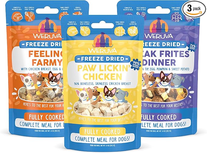 Sampler of all Weruva Freeze Dried Dog Food Recipes, Feeling Farmy, Paw Lickin Chicken, and Steak Frites Dinner (3 Pack, 1oz Bags)