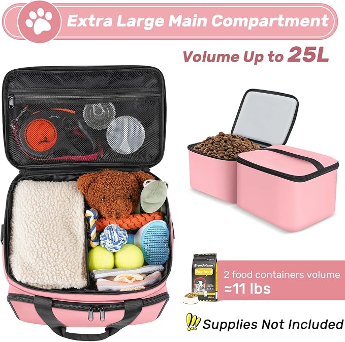 6-Set Dog Travel Bag with Bowls & Food Containers, Pink