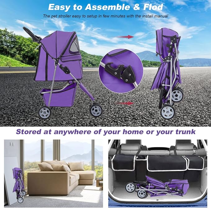 BestPet 3-Wheel Jogger Pet Stroller - Purple, Cup Holder & Removable Liner