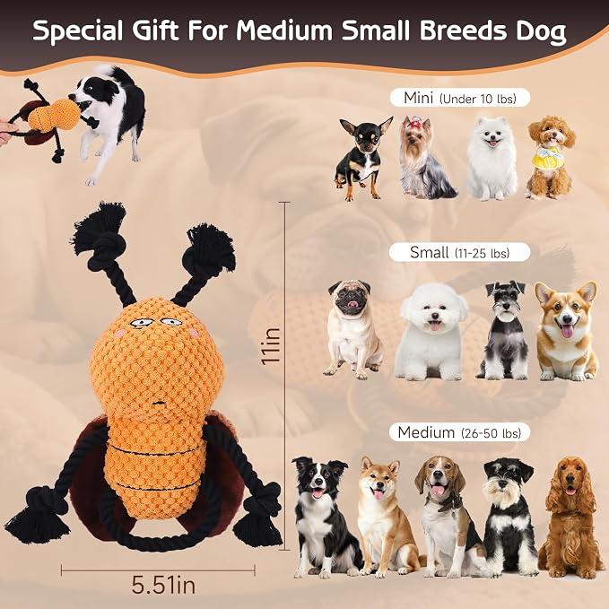Yipetor Cockroach Squeaky Dog Toy, Puppy Rope Chew Toy for Medium Dogs | anti boredom, tug of war, machine washable, teeth cleaning, crinkle paper, plush toy, separation anxiety