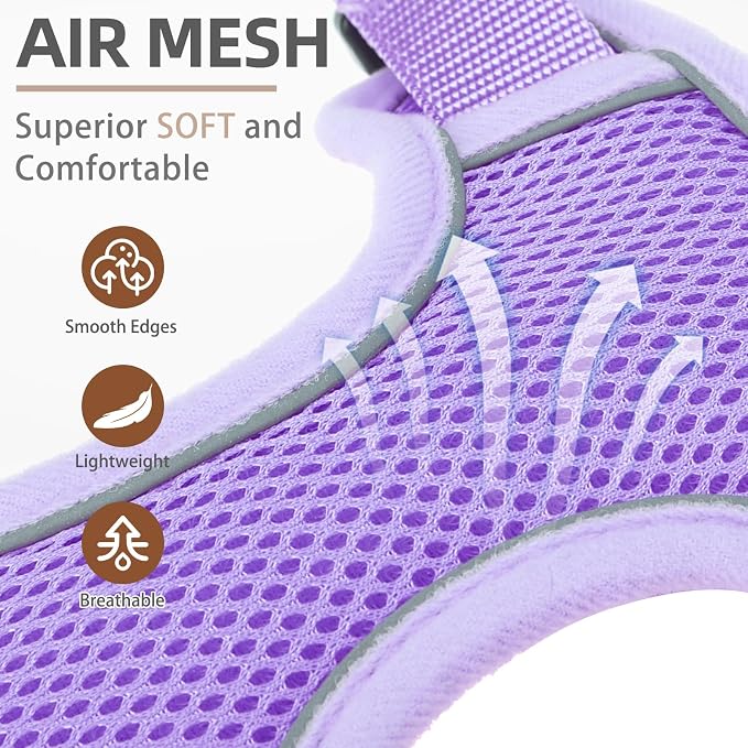 PUPTECK Soft Mesh Small Dog Harness and Leash Set Pet Puppy Cat Adjustable Reflective Padded Vest No Pull Harnesses, Purple, M