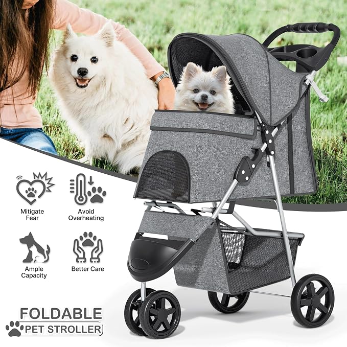 MoNiBloom Foldable Pet Stroller - Gray, up to 33lbs
