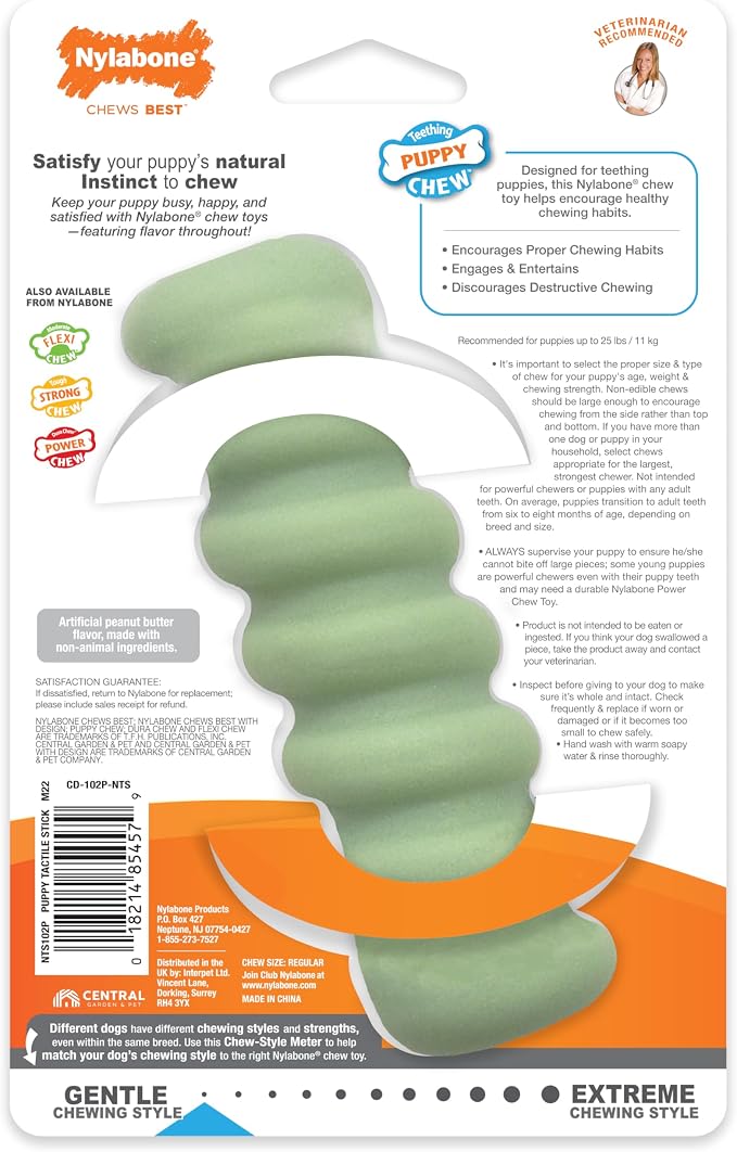 Nylabone Puppy Chew Sensory Material Grooved Stick Dog Chew Toy, Small | Peanut butter flavor, soothing teething toys for puppies, teething relief, freeze for extra comfort, up to 25 lbs