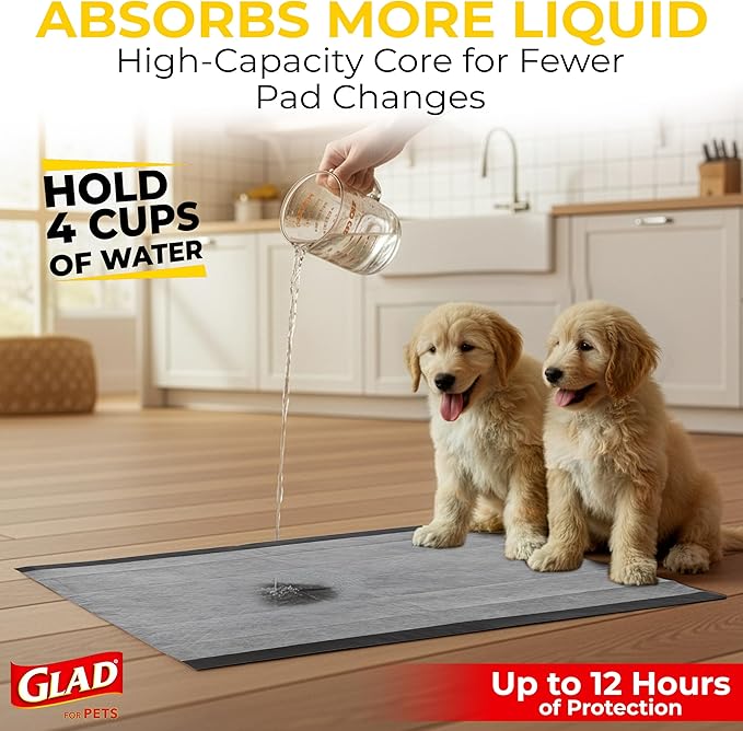 Glad for Pets Extra Large Charcoal Training Pads for Dogs and Puppies, Activated Carbon Odor Control, 6-Layer Absorbent Leak-Proof Pee Pads with Pheromone Attractant, 28 x 30 in, 30 Count