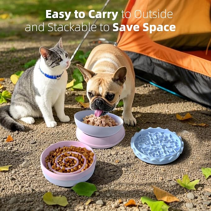 5-in-1 Dog Bowls Set, 6.1 inch Cute Colorful Hamburger-Shaped Dog Food Bowl Stackable for Easy Storage and Travel, Cat Bowls for Food and Water, Pet Bowls Suitable for Small and Medium Dogs (Purple)