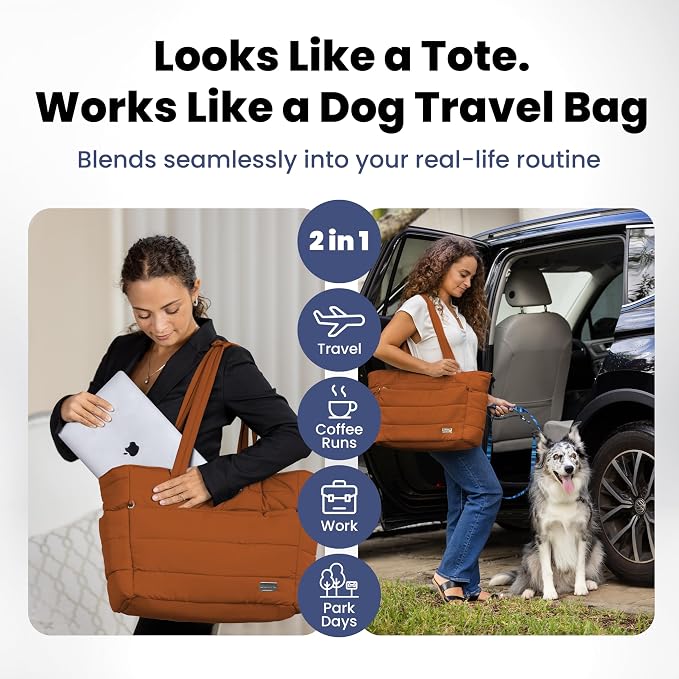 rubyloo Puffer Dog Travel Bag with Bowls & Food Storage, Rust