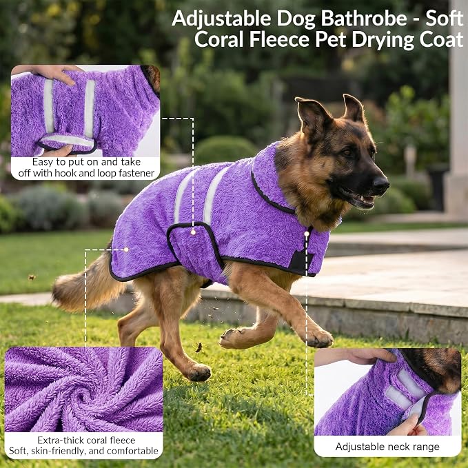 Bienbee Dog Bathrobe, Quick Drying Super Absorbent Pet Robes for Small Medium Large Dogs, Drying Coat for After Bath & Swim, Warm & Cozy Dogs Towels, Dog Puppy Bath Supplies, Light Purple S
