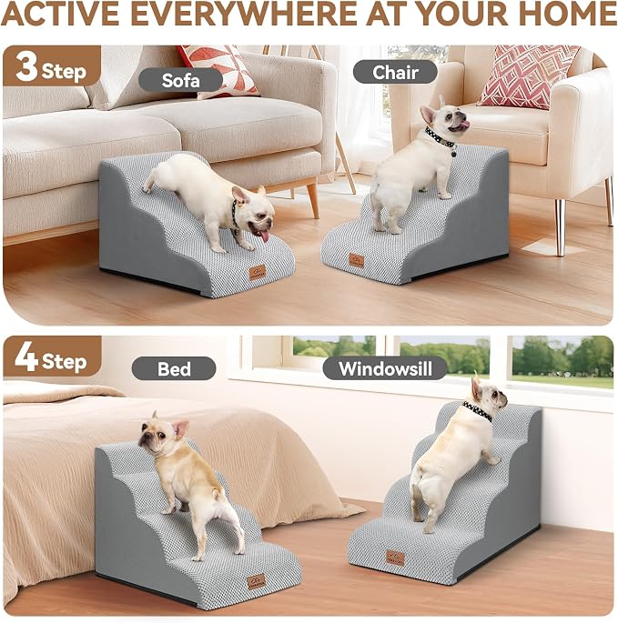 Zerbuger Dog Ramp and Stair for Bed 16" H-20 H,3-Step Cat Stair for Sofa and Chair,4-Step Dog Ramp for High Bed and Window,Durable Nonslip Fabric Cover for Indoor (Light Grey-16 H, Pet Friendly, 3)