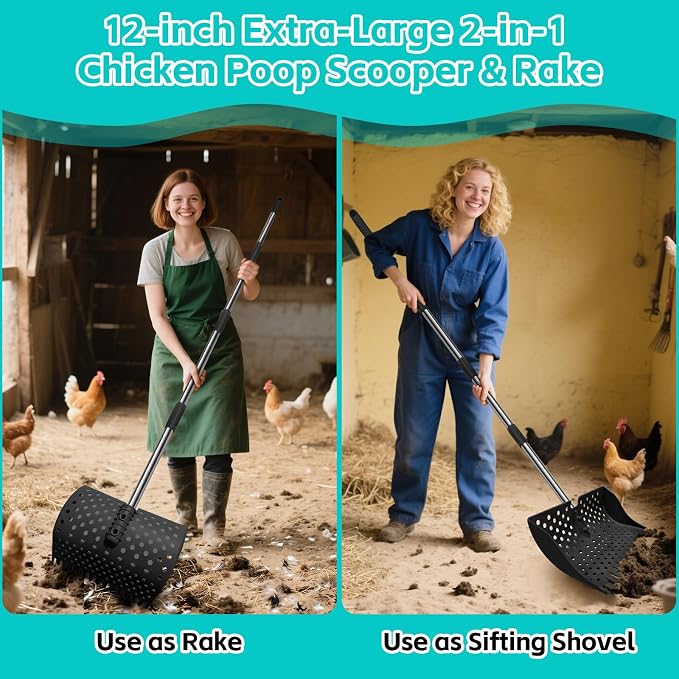 12" 2-in-1 Chicken Poop Scooper & Rake (US Patent No. D1124534), 3-Shape Sifting Holes Chicken Coop Rake, Stainless Steel Handle (20–61") - Litter Scoop Sand & Sifting Shovel (Black)