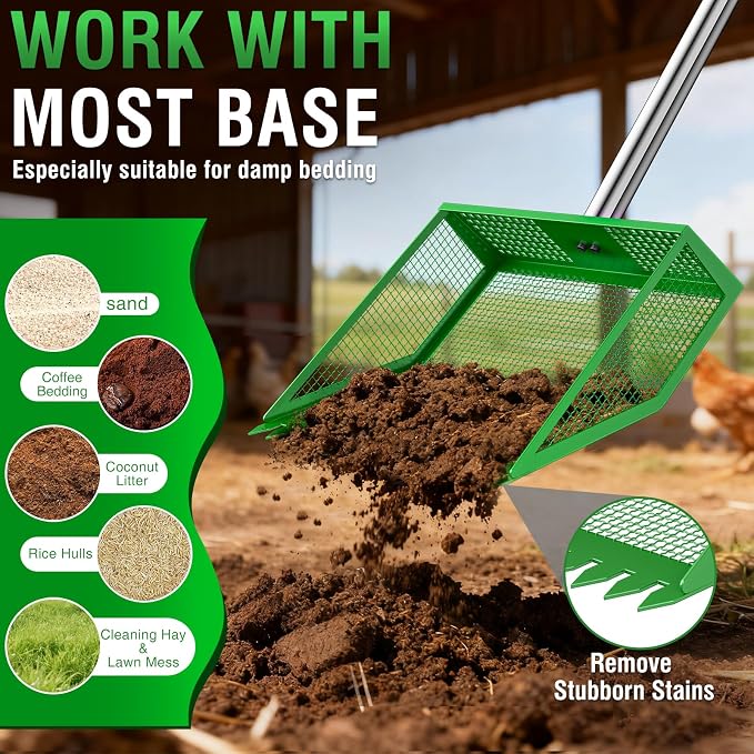TOOGE Large Chicken Poop Scooper: 2-in-1 Metal Pooper Scooper & Rake Adjustable 62" Long Handle Stainless Steel Sand Sifting Litter Shovel Chicken Coop Scoop Cleaning Tool for Goat Farm Yard Green