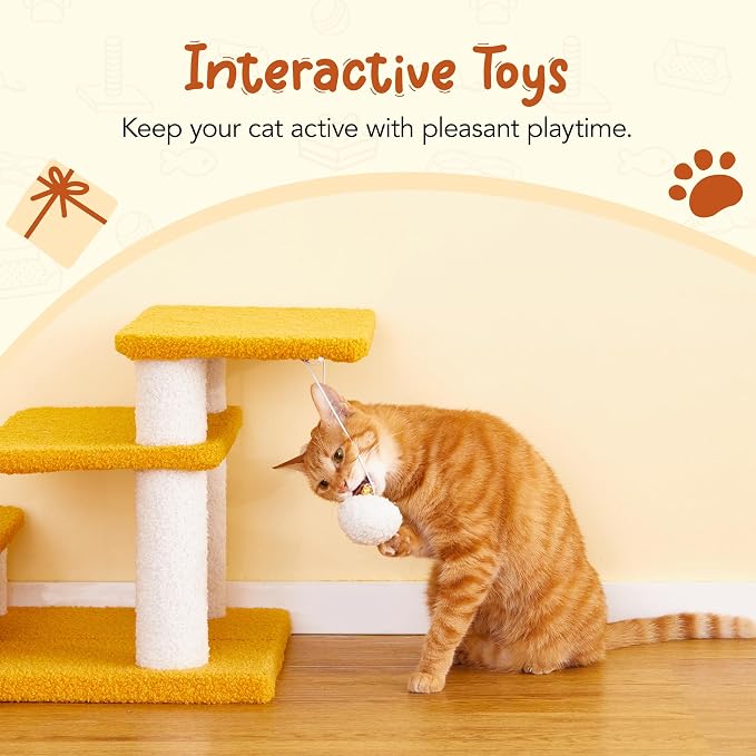 15''H Multi-Step Pet Stairs for High Beds & Sofas, 3-Step Cat Stairs with 2 Toy Balls, Wide Boards for Indoor Kittens Dogs Pets Climbing, Yellow