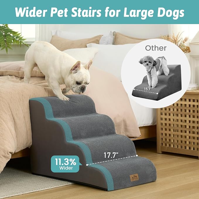 COZY KISS Wide Dog Stairs for Small Dog 19.7" H, 4 Step Pet Ramp for Bed | Curved Stable Dog Step for Puppy, Older Cat, Senior, Medium, Short-Legged Dog, Non-Slip Ladder, 17.7 inch Width, Dark Grey