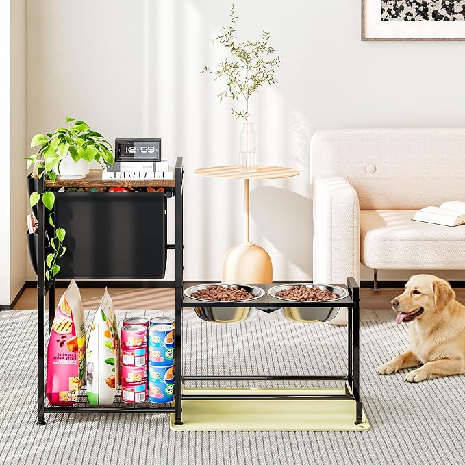 Elevated Dog Bowl Stand with Toy Basket Adjustable Metal Feeding Station Cabinet with Non-Slip Silicone Mat Pet Storage Organizer for Large Medium Small Dogs and Cats Black Include 2 Dog Bowl
