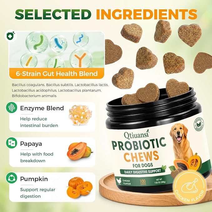 Probiotics for Dogs, 6-Strain Gut Health Blend with Digestive Enzymes, Pumpkin & Papaya, Chicken Flavor Chewable Tablets, 100 Count, Supports Digestive Health for All Breeds