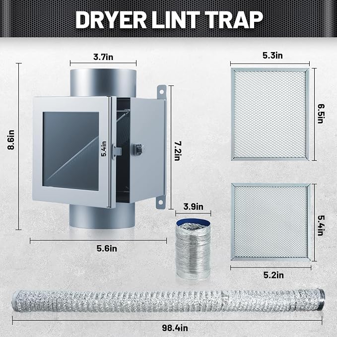 Indoor Lint Trap Dryer Vent Kit with 4inch 8FT Dryer Vent Hose, Suitable for All 4-in Outlet dryers, Secondary Lint Trap for Electric Clothes Dryers - Fluff Collection Box(Metal)
