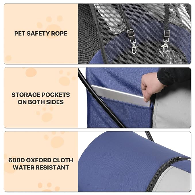 MoNiBloom Double Pet Stroller - Navy Blue/Gray, 4 Wheels