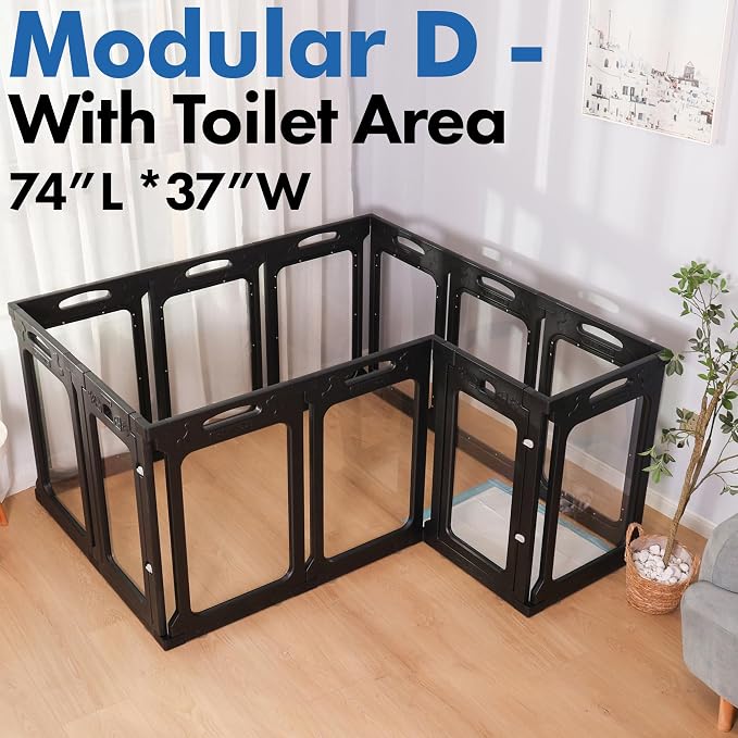 12 Panels Clear Dog Playpen, Modular 2 Room & Toilet Area, Height 30", Ideal for Small & Toy Dogs, Black