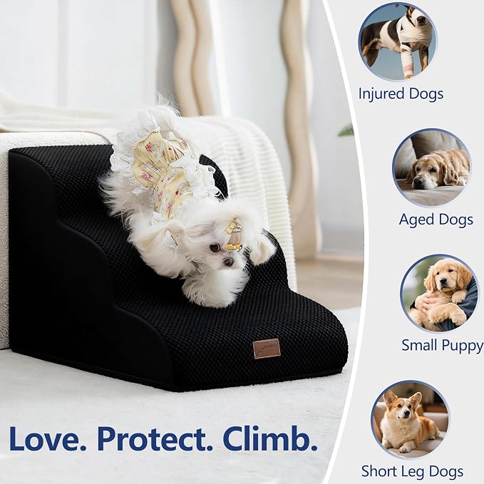 GoGoBunny Ramp Dog Stairs for Couch Sofa and Chair 11.8" H, 2-Step Pet Steps for Small Dogs and Cats, Non-Slip Waterproof Fabric Cover, Stable and Balanced Indoor Step, Pets Friendly, Black