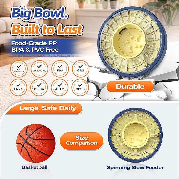 KADTC 5-60 Min Adjustable Slow Feeder Bowl for Fast Eaters, Spinning Dog Puzzle Feeder, Anti-Gulping Interactive Food Dispenser, 4-Cup Capacity, Mental Enrichment Treat Toy