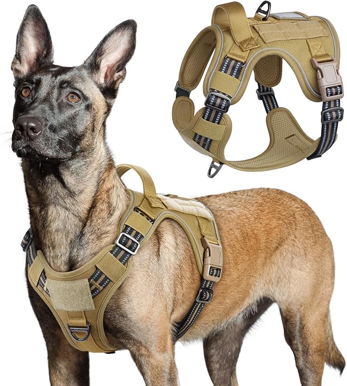 rabbitgoo Tactical Dog Harness for Large, No Pull Military Service Vest | Molle & Handle, Heavy Duty, Adjustable, Reflective Straps, Easy Control for Training Walking, Brown, Large