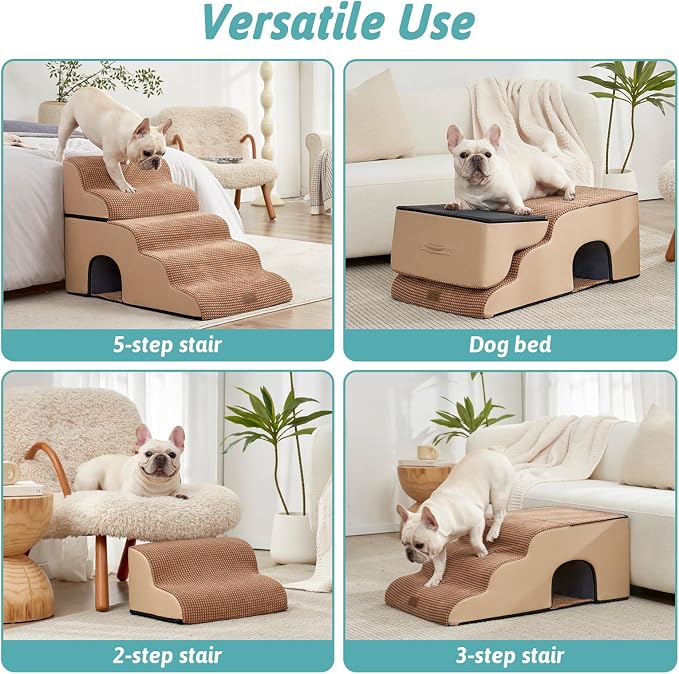 COZY KISS Small Dog Stairs with Tunnel, 5 Step Pet Ramp for High Bed | Curved Stable Dog Step for Puppy, Older Cat, Senior, Medium, Short-Legged Dog, Non-Slip Ladder for Car, 22.4" H, Light Brown