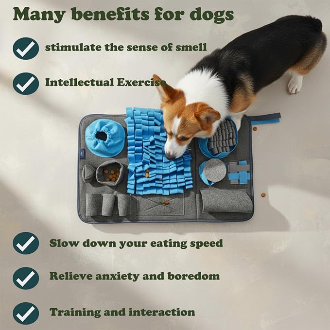 S Snuffle Mat Gray Dog Puzzle Enrichment Slow Feeder | Mental stimulation, slow feeder, nosework game, washable non-slip, enrichment puzzle toy for dogs cats