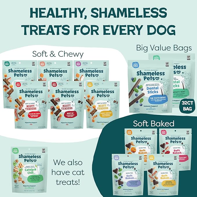 Shameless Pets Dental Chews for Dogs, Variety (4-Pack) - Natural Dog Teeth Cleaning Treats with Fresh Breath Benefits | Grain-Free Dental Sticks for Small, Medium & Large Dogs