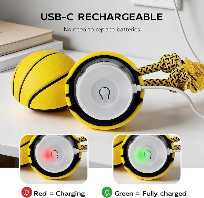 Pet Prime Interactive Dog Ball Toy with Rope,Rechargeable Automatic Rolling Ball with Motion Activated,3 Play Modes for Medium/Large Dogs, Self-Moving Toy to Keep Pets Busy and Entertained Yellow