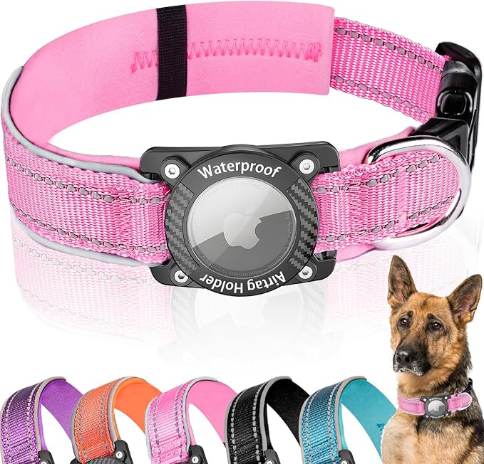 Upgrade Dog Collar with AirTag Holder, IP68 Waterproof, Pink, M | 1000D Nylon, Reflective Stitching for Night Visibility, Adjustable Soft Padded, Ultra-Durable, for Small Medium Large Dogs