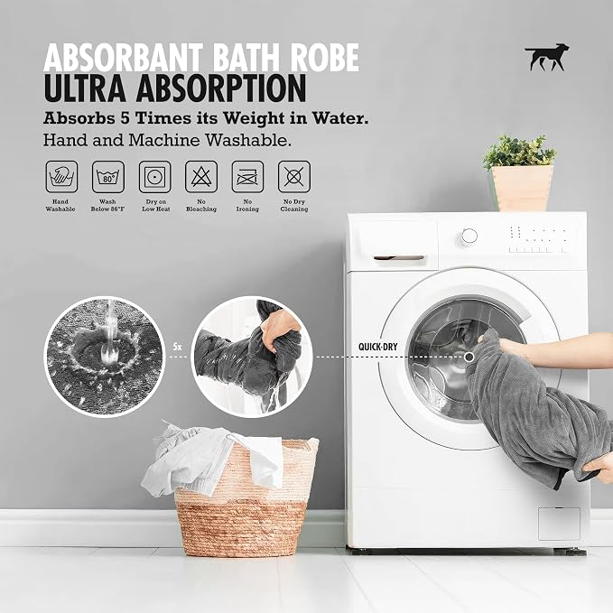 Tuff Pupper Fast Drying Dog Bath Robe | 800 GSM Plush Dog Towel Bathrobe/Dressing Gown | Super Absorbent Pet/Puppy Bathrobe | Adjustable Hood & Belly Strap | Super Soft | Fast Drying (S, Gray)