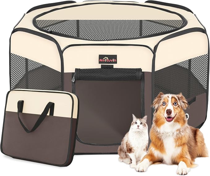Aivituvin Dog Playpen with Carrying Bag, Removable Shade Cover, Brown, L
