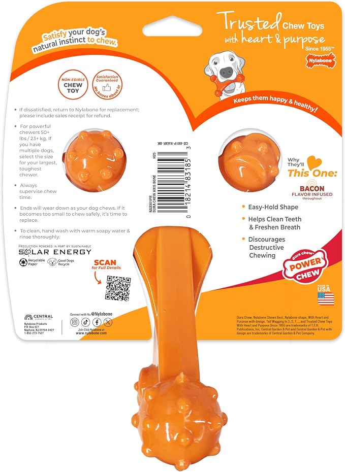 Nylabone Power Chew Axis Bone Chew Toy for Dogs, Dog Toys for Aggressive Chewers, Bacon Flavor, X-Large/Souper - 50+ lbs. (1 Count) | Durable dog toys for aggressive chewers, long lasting, discourages destructive chewing, for dogs 50+ lbs