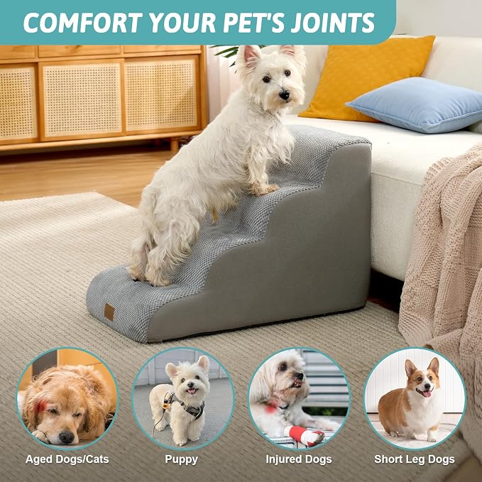 COZY KISS Wide Dog Stairs for Small Dog 19.7" H, 4 Step Pet Ramp for Bed | Curved Stable Dog Step for Puppy, Older Cat, Senior, Medium, Short-Legged Dog, Non-Slip Ladder, 17.7 inch Width, Grey