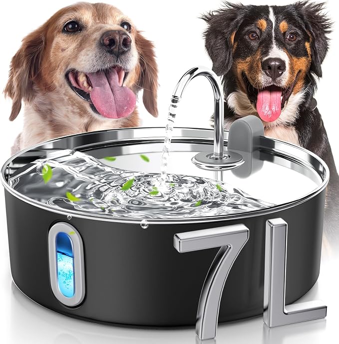 Smartoo Dog Water Fountain for Large Dogs 7L/236oz Stainless Steel Dog Water Bowl Dispenser Automatic Pet Water Fountain, Multi-Filtration Pet Fountain with Ultra-Quiet Pump (Black)