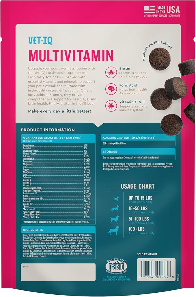VetIQ Multivitamin for Dogs, Dog Supplement Supports Active Brain Function, Immune System, and Digestive System, Hickory Smoke Flavored Dog Multivitamin, Made in the USA, 60 Count